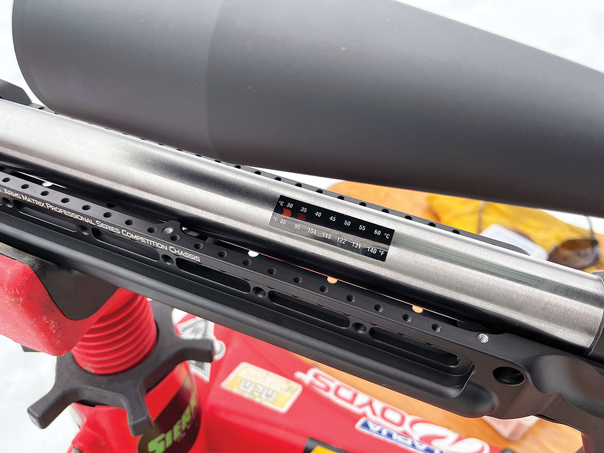 MasterPiece Arms’ rifles are typically equipped with a handy barrel temperature gauge. The barrel was extremely slow to warm, this image shows as hot as the barrel ever got during testing.